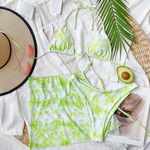 Triangle Tie Dye 3 Piece Bikini Set with Skirt Swimsuit - Picture 7 of 12